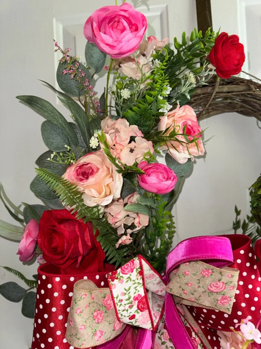 Pink & Red Floral Holiday Wreath with Ribbon Bow